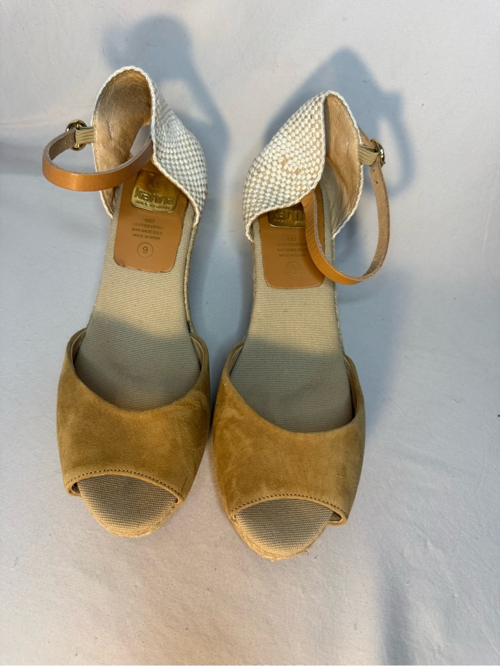 kanna Two-Tone Suede Peep-Toe Wedge Sandals in Tan and Cream